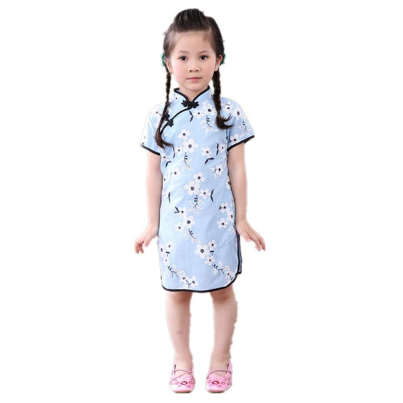 SZCQ Foral Baby Girls Dress New Year Qipao Vintage Chinese Cheongsam Princess Costume (Blue, 2) - Image 2